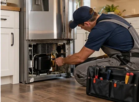 Refrigerator being inspected for repair
