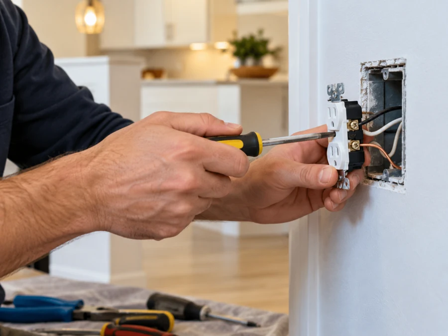 Electrician repairing a wall outlet in a home