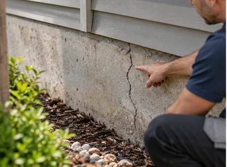 Close view of a residential foundation crack