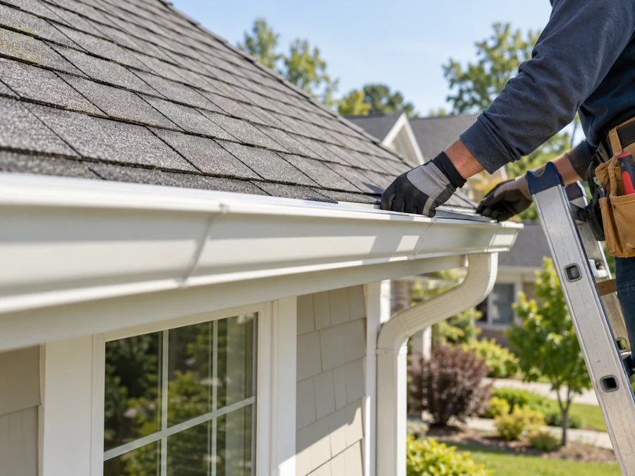 Worker maintaining gutters on a sunny home exterior