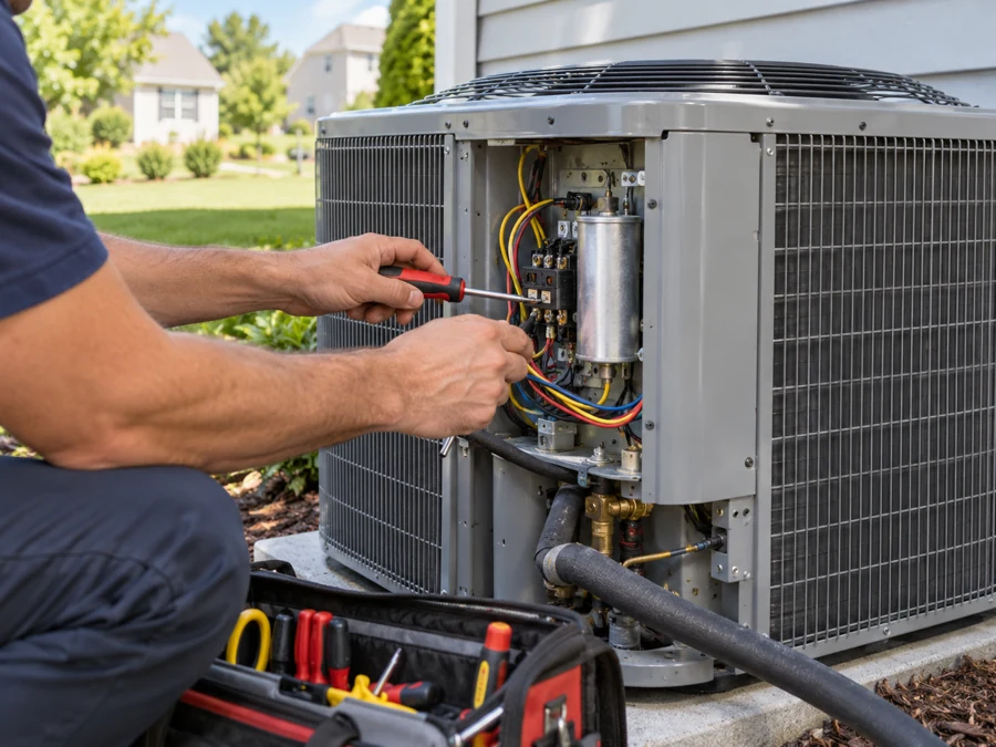 Technician repairing an outdoor air conditioning unit