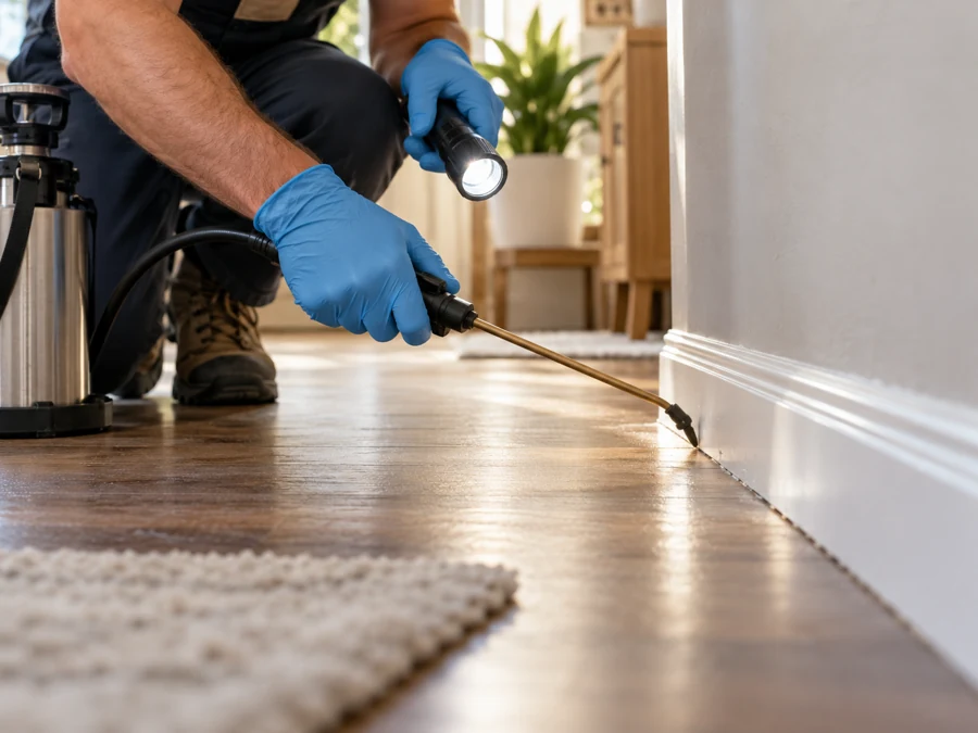 Pest control inspection along a home baseboard