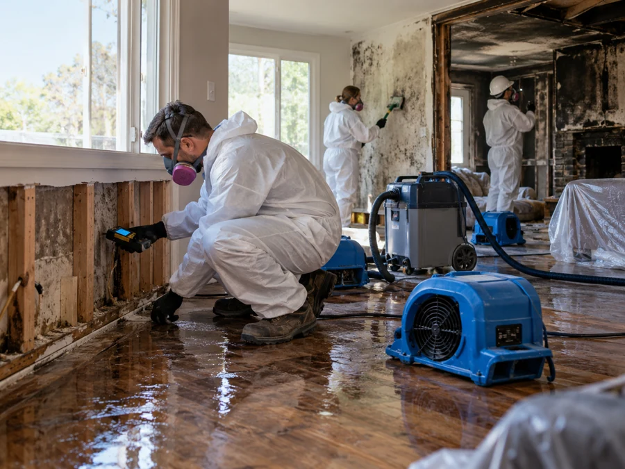 Restoration crew working in a damaged home